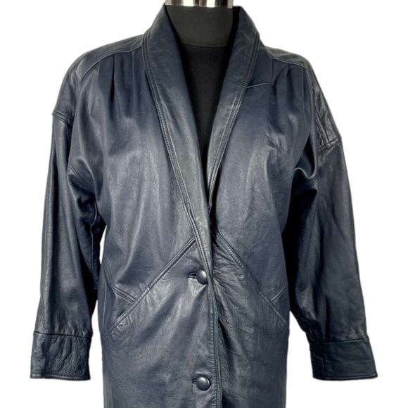 VINTAGE JACQUELINE FERRAR LEATHER NAVY BLUE OVERSIZED DROP SLEEVE 90S 80S JACKET - Picture 7 of 16